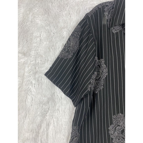 MECCA GOLD Men's Button Down Short Sleeve Shirt XL Striped Floral Lace - Picture 2 of 10